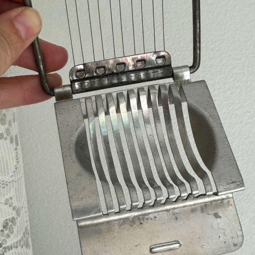 Vintage Aluminum Egg Slicer Manual Wire Cutter Retro Silver Tone Kitchen Tool